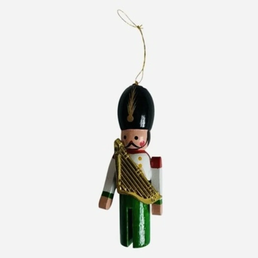 Vintage Wood Toy Soldier Harp Player Christmas Ornament Green 1.5x3.75